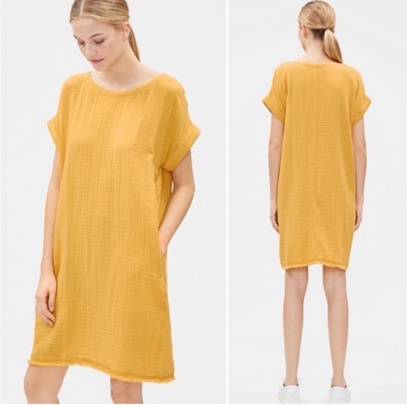 Eileen Fisher Dresses & Skirts - Eileen Fisher Organic Cotton Gauze Shift Dress Marigold Yellow Sz M Boho Cottage